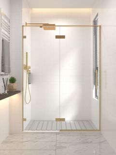 Душевая дверь распашная Veconi Premium Alassio G, 1400х2000, брашированное золото, стекло прозрачное осветленное